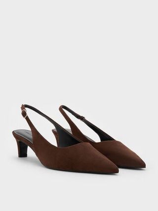 Faux Suede Pointed-Toe Kitten-Heel Slingback Pumps