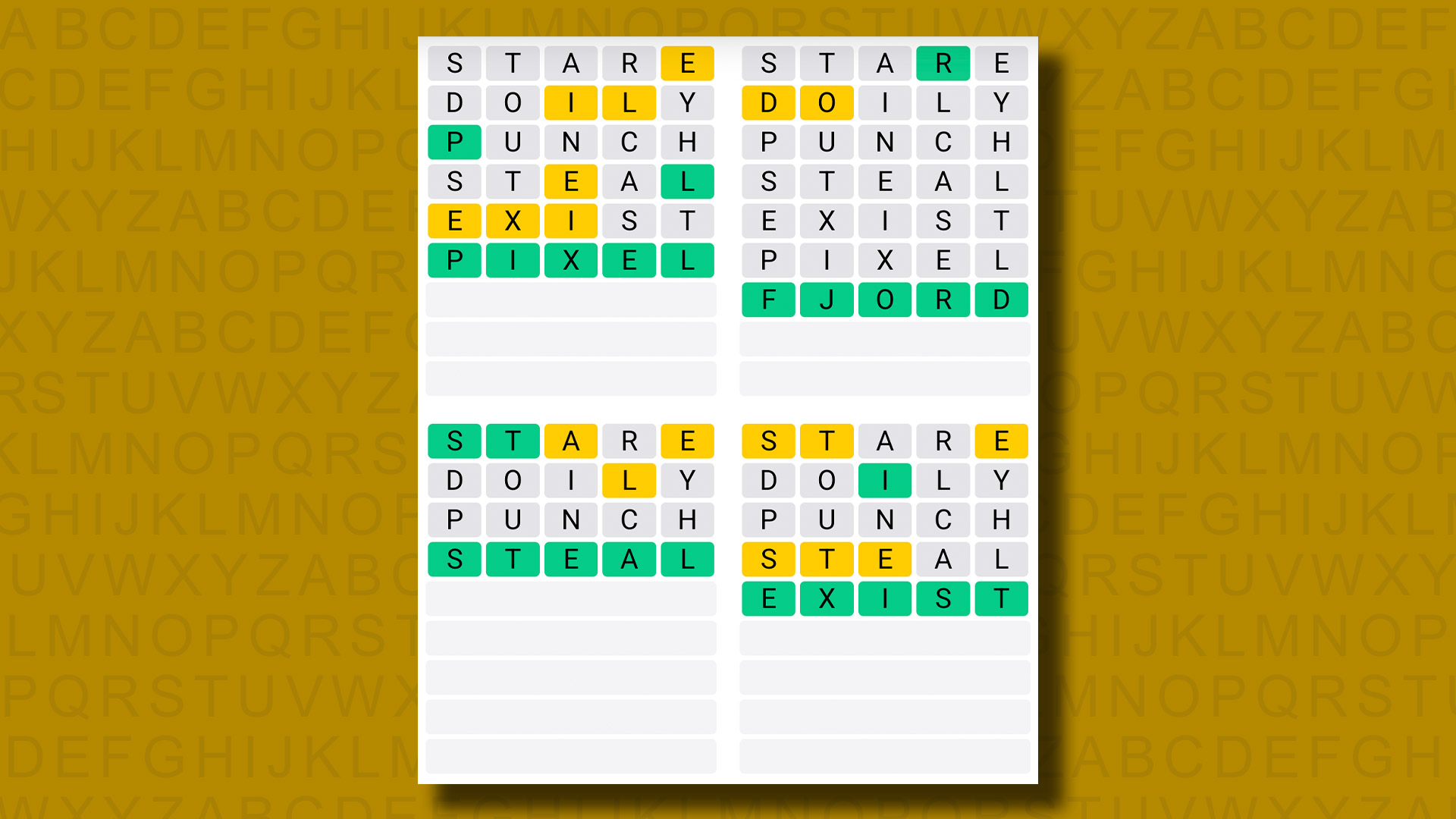 Quordle answers for game 1246 on a yellow background
