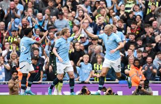 Manchester City striker Erling Haaland celebrates his goal against Brentford