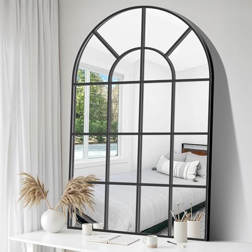 Glashom Black Arched Mirror, 30x48 Inch Window Pane Mirrors for Wall Decor, Arched Wall Mirror Wall Mounted, Black Frame Arched Mirror for Living Room Bedroom Entryway, Hanging or Leaning Against