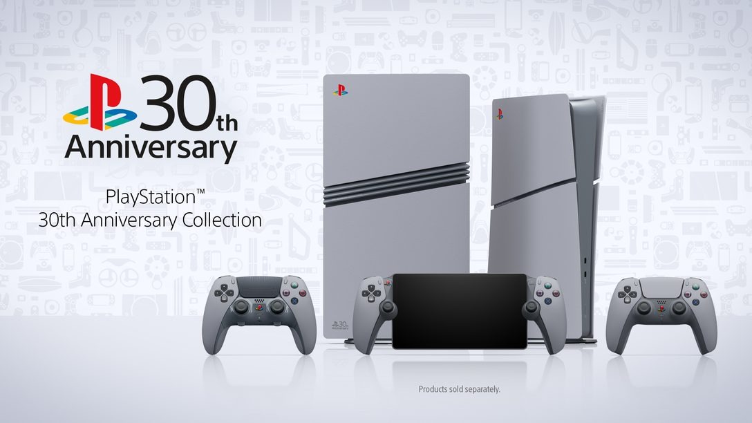 Promotional image of the PS5 30th anniversary console and accessories collection