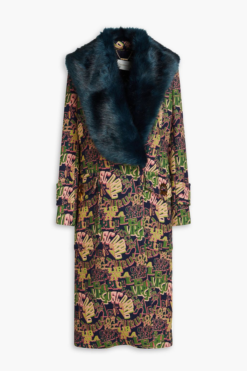 Faux Fur-Trimmed Double-Breasted Jacquard Coat