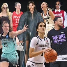 A collage of images relating to the WNBA, showcasing photos of players in the tunnel and on the court.