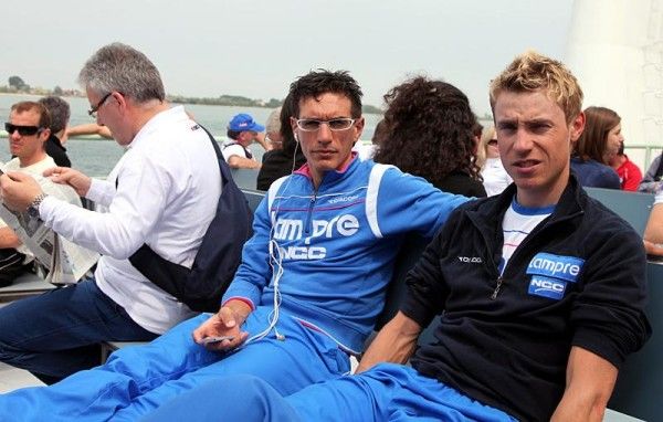 Damiano Cunego (Lampre-NGC), r, on the boat to Venice.