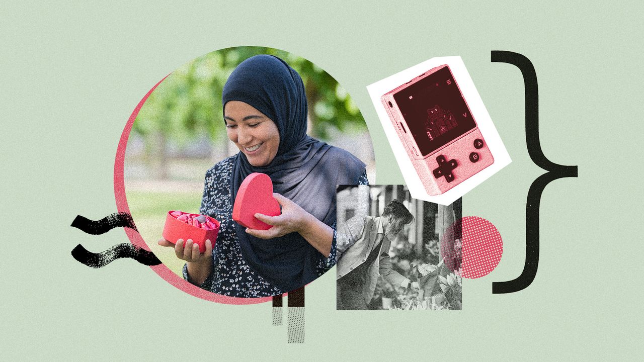 Photo collage of a woman opening a heart-shaped box of chocolates, an older man picking out flowers at a florist stand, and a handheld video game console