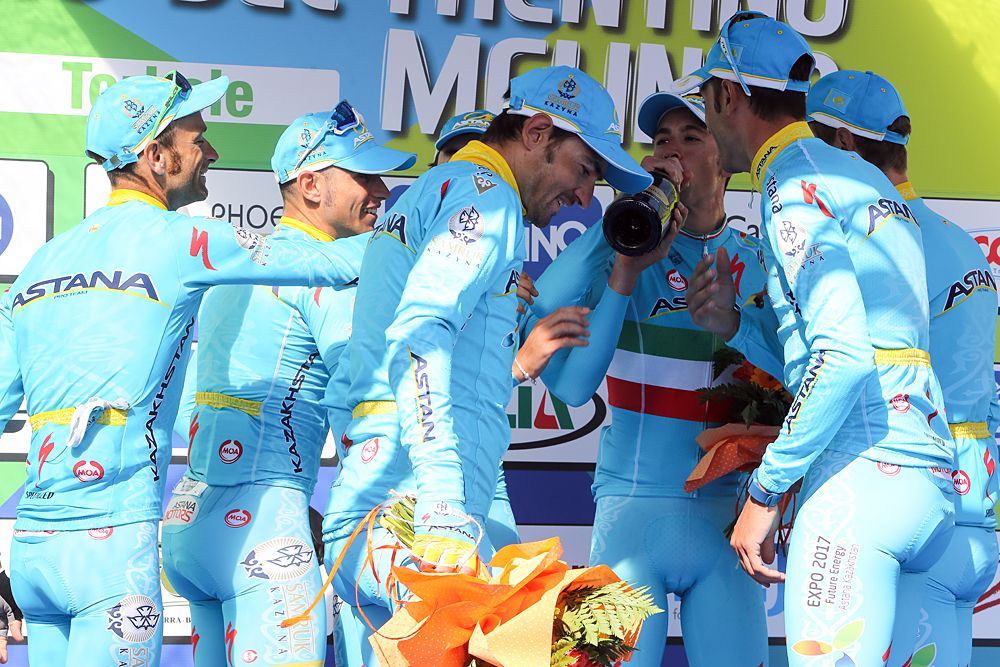 Vincenzo Nibali and Astana celebrate with a bottle of champagne at Giro del Trentino opener