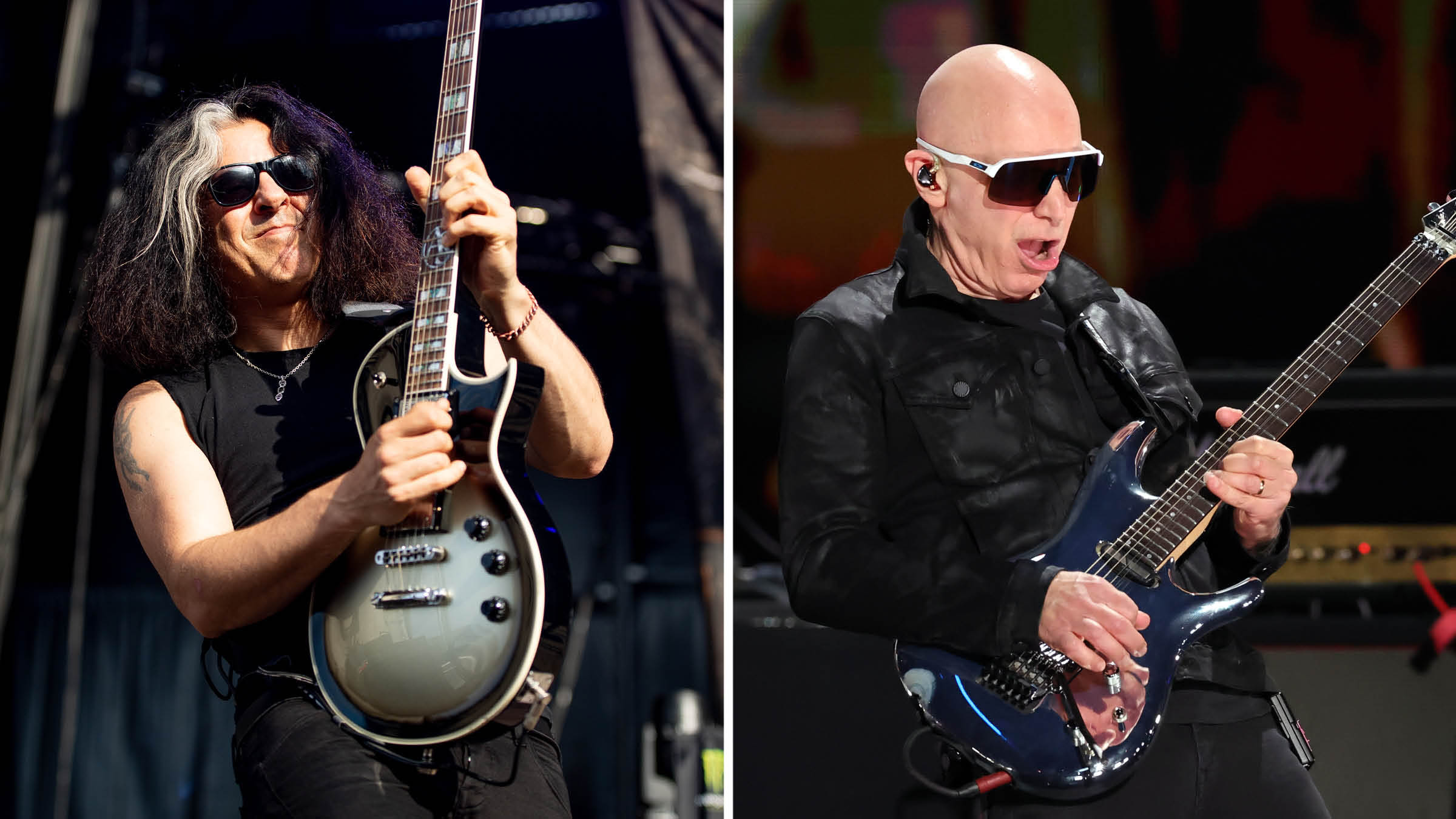 Alex Skolnick play his silverburst ESP signature model [left] while Joe Satriani plays his JS signature Ibanez 