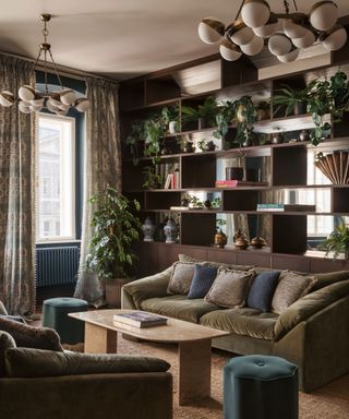 Maximalist living room with neutral colour scheme