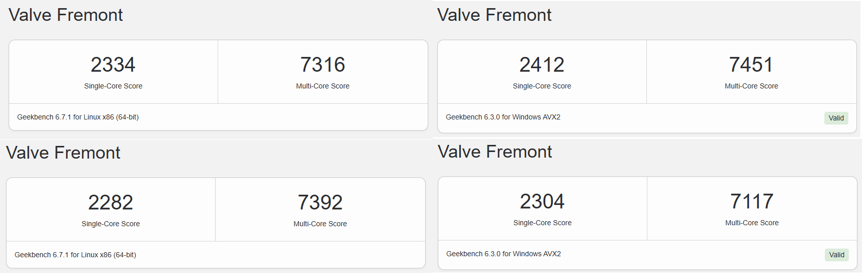 Collection of Geekbench 6 CPU results for the Steam Machine running on Windows and on Linux.