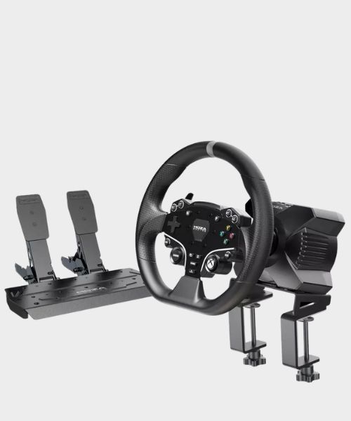 The Moza R3 wheel and pedal bundle on a plain background