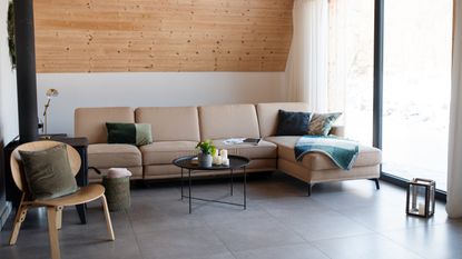 Living room with beige sofa and concrete floors