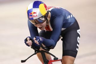 The USA’s Chloe Dygert on her way to the gold medal – and the rainbow jersey – in the women’s individual pursuit at the 2020 UCI Track World Championships in Berlin, Germany