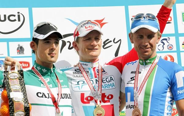 Stage six's top three finishers (l-r): Egoitz Garcia (Caja Rural), Andr&eacute; Greipel (Omega Pharma - Lotto) and Bartosz Huzarski (Team Netapp)