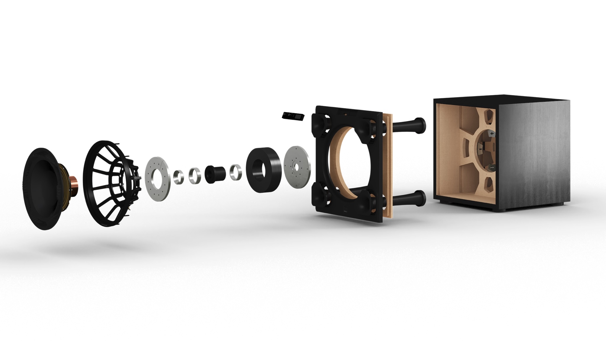 An exploded view of the Dali V-16 F subwoofer showing the components of the driver and cabinet.