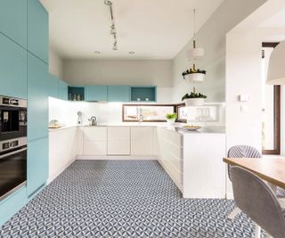 modern white kitchen with patterned vinyl flooring