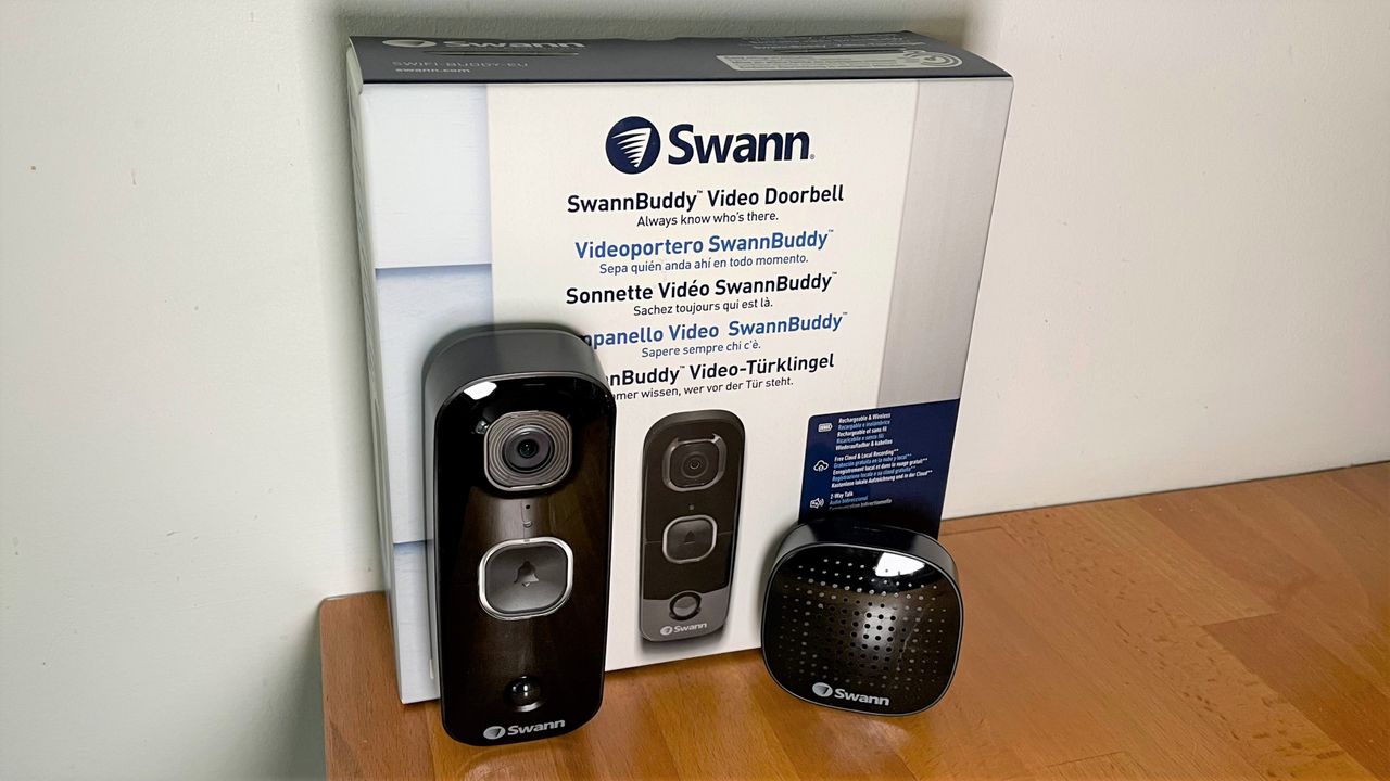 SwannBuddy Video Doorbell review: doorbell and chime in front of a box