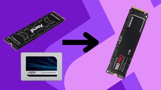 How to clone your SSD for free in 2024 hero image with a SATA and Kingston SSD on the left, pointing toward a Samsung 980 Pro