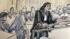 A court sketch depicting Salah Abdeslam's lawyer Olivia Ronen, a plea before the court