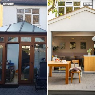 A before and after comparison of a kitchen as seen from the garden