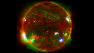 A composite image consisting of data captured by NASA's NuSTAR and Solar Dynamics Observatory, and JAXA's Hinode spacecraft.