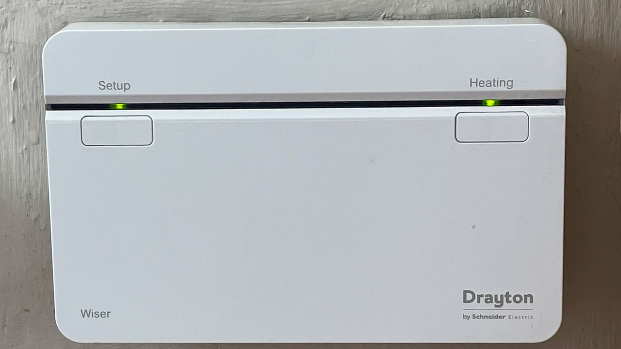 Drayton Wiser Heat HubR mounted on wall &ndash; the central hub for the Drayton Wiser heating system, which connects to the smart thermostat and radiator valves