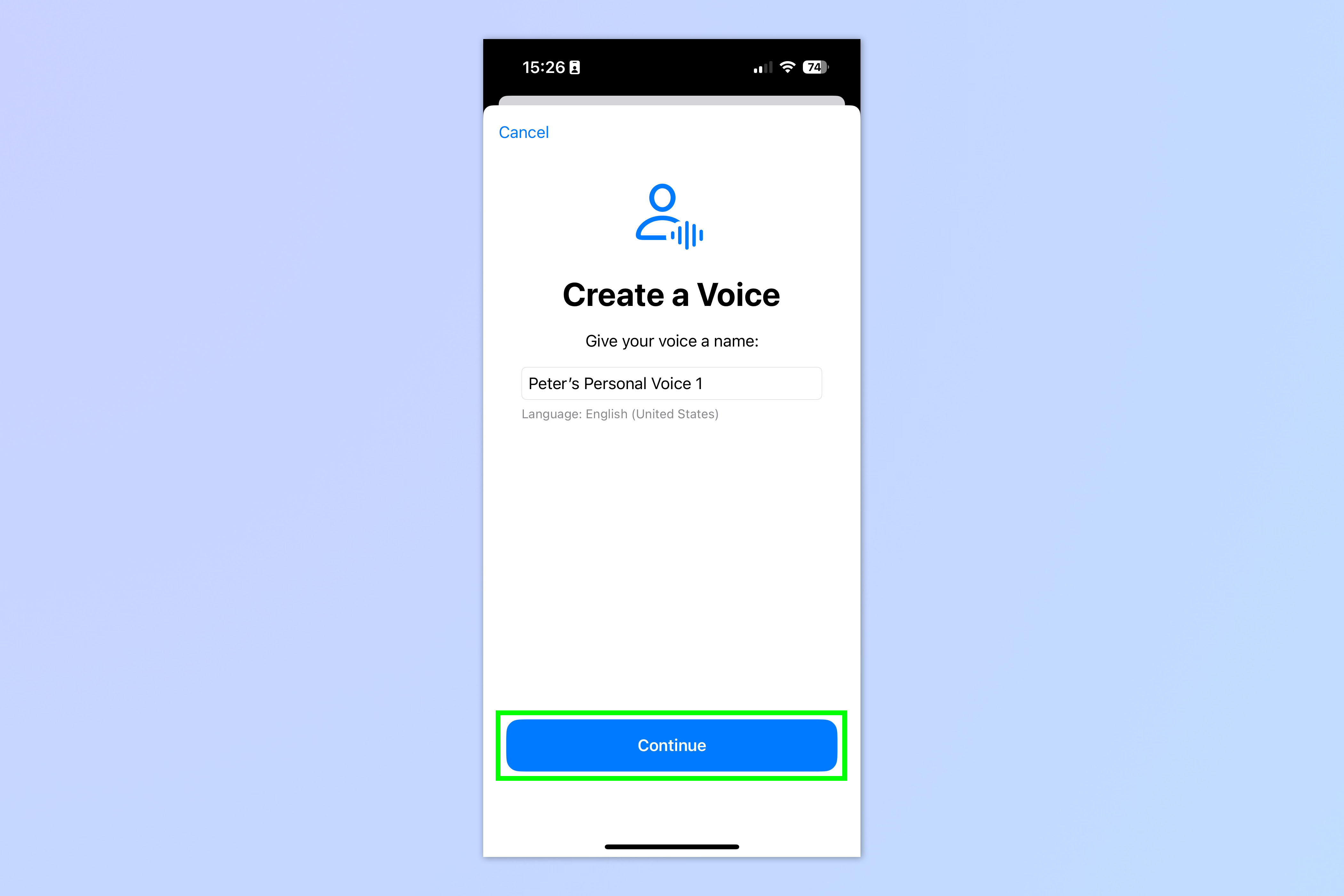 Скриншот, показывающий, как настроить Personal Voice на iPhone