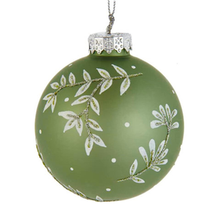 A green christmas ornament with sparkle leaf detailing