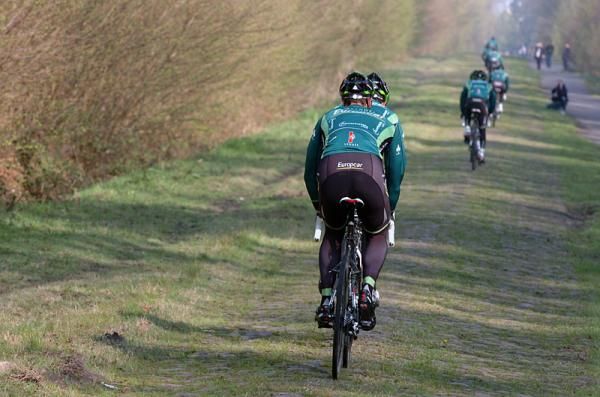Europcar riders get in some training on the cobbles.