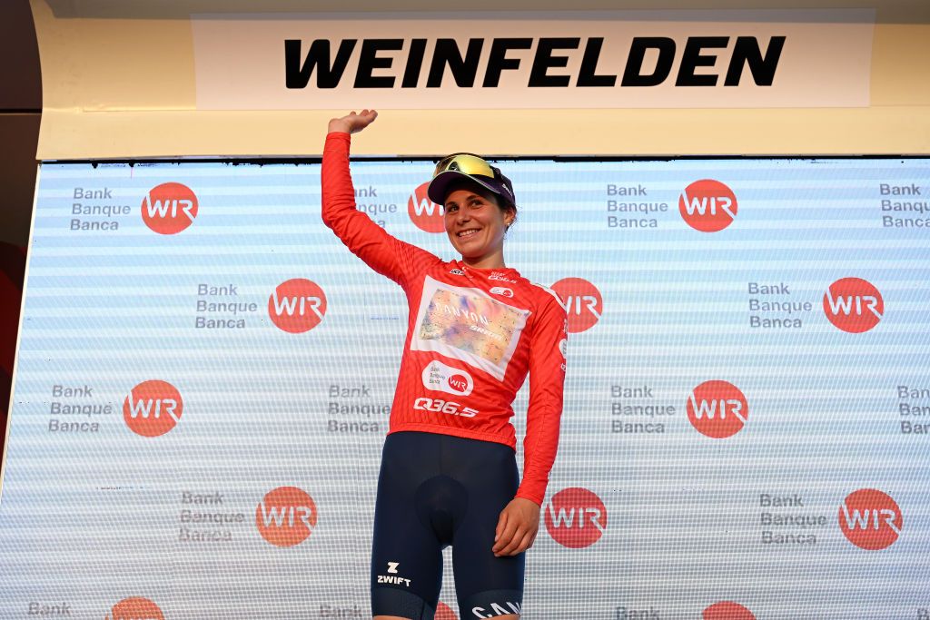 WEINFELDEN SWITZERLAND JUNE 17 Elise Chabbey of Switzerland and Team CanyonSRAM Racing celebrates at podium as Red Mountain Jersey winner during the 3rd Tour de Suisse Women 2023 Stage 1 a 56km stage from Weinfelden to Weinfelden UCIWWT on June 17 2023 in Weinfelden Switzerland Photo by Dario BelingheriGetty Images