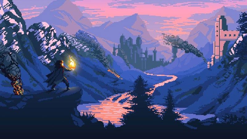 A fantasy adventurer looks out over a mountainous landscape