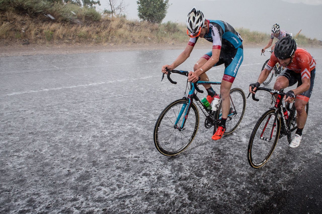 Stage 7 of the Tour of Utah showcased some of the seasons craziest weather. Mid-race a storm blew through the hammered the peloton with heavy rain and hail.