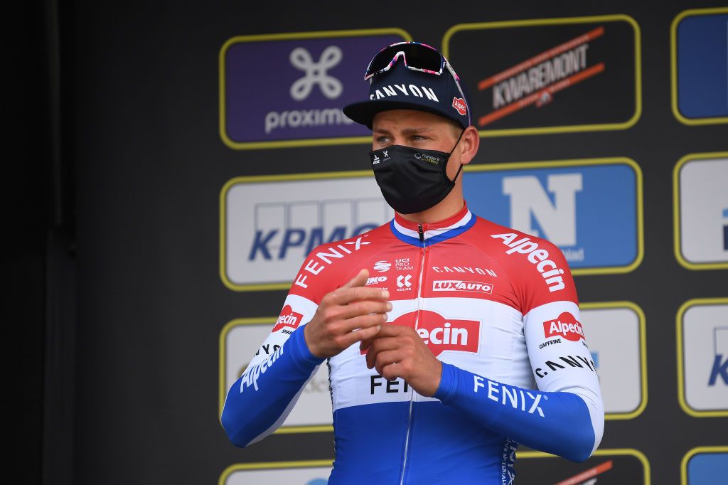 OUDENAARDE BELGIUM APRIL 04 Podium Mathieu Van Der Poel of Netherlands and Team AlpecinFenix Disappointment during the 105th Ronde van Vlaanderen Tour of Flanders 2021 Mens Elite a 2515km race from Antwerp to Oudenaarde Mask Covid Safety Measures RVV21 rondevanvlaanderen tourofflanders on April 04 2021 in Oudenaarde Belgium Photo by Tim de WaeleGetty Images