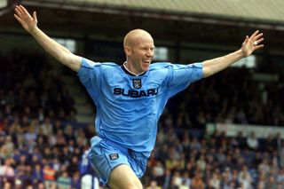 Lee Hughes celebrates a goal for Coventry City against Stockport County in 2001.