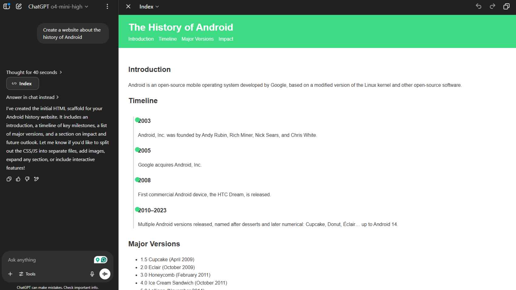 ChatGPT results from basic prompt to create Android History website