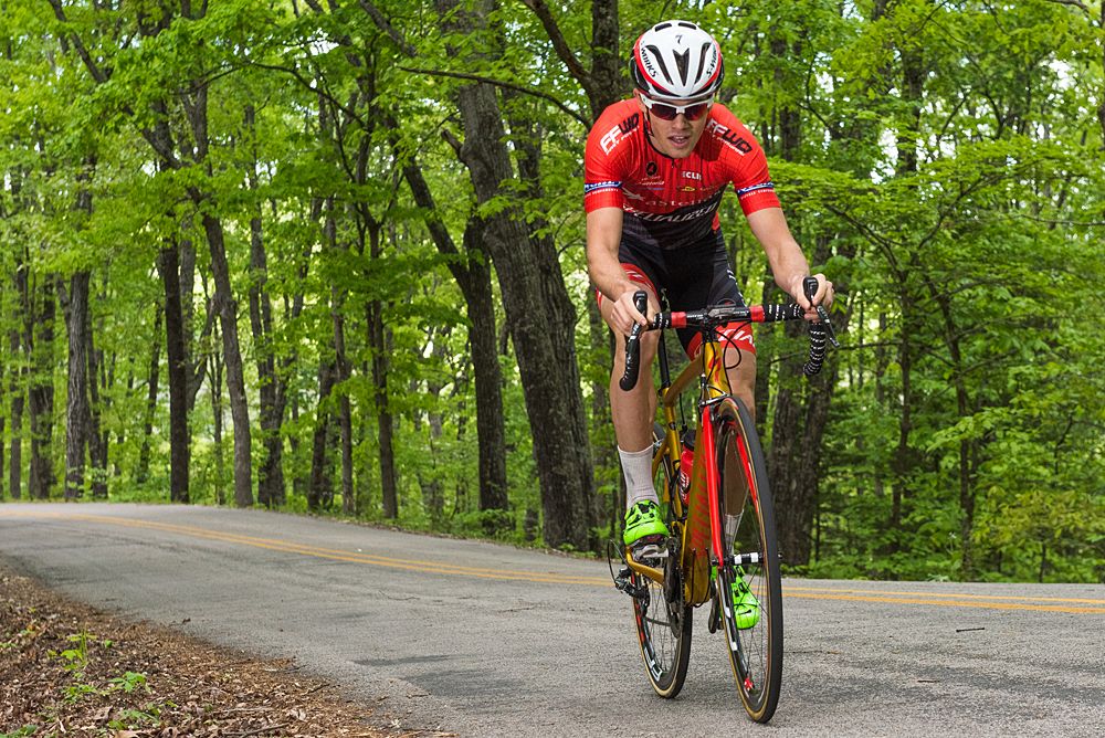 An Astellas Cycling Team (USA) rider makes his way up the switchback section of the course.