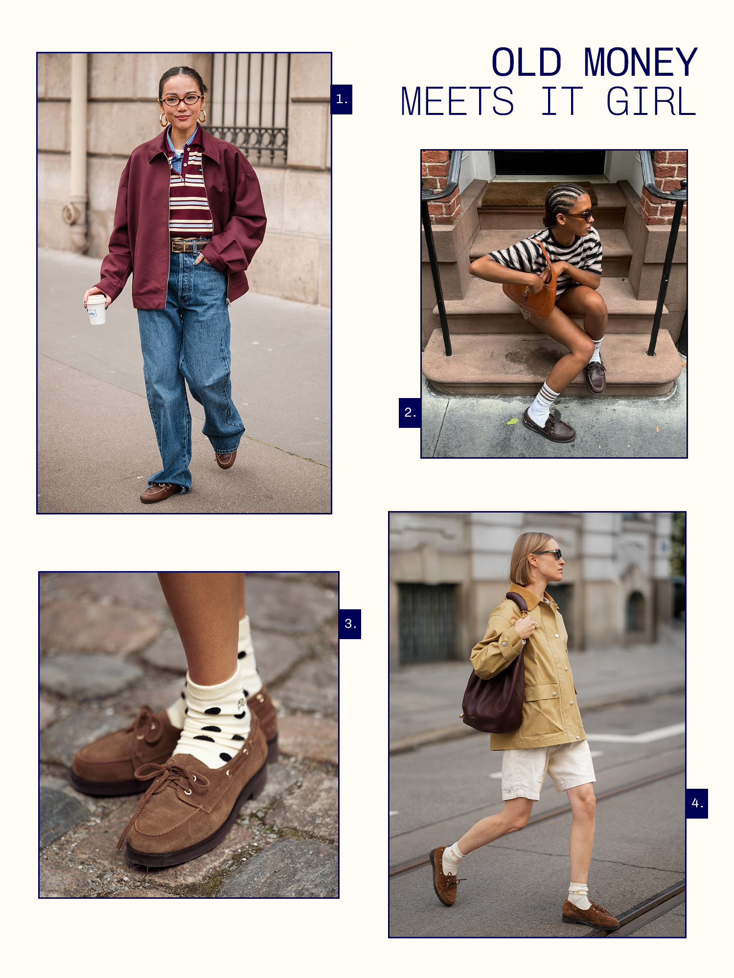 Yoyo Cao in Paris at F/W 25 in a Miu Miu polo neck top and baggy jeans. Marie-Victoire Tiangue in a striped tee and boat shoes. Suede boat shoes with black and white socks. Marlies Pia Pfeihofer in Germany in a barn coat and white shorts with boat shoes.