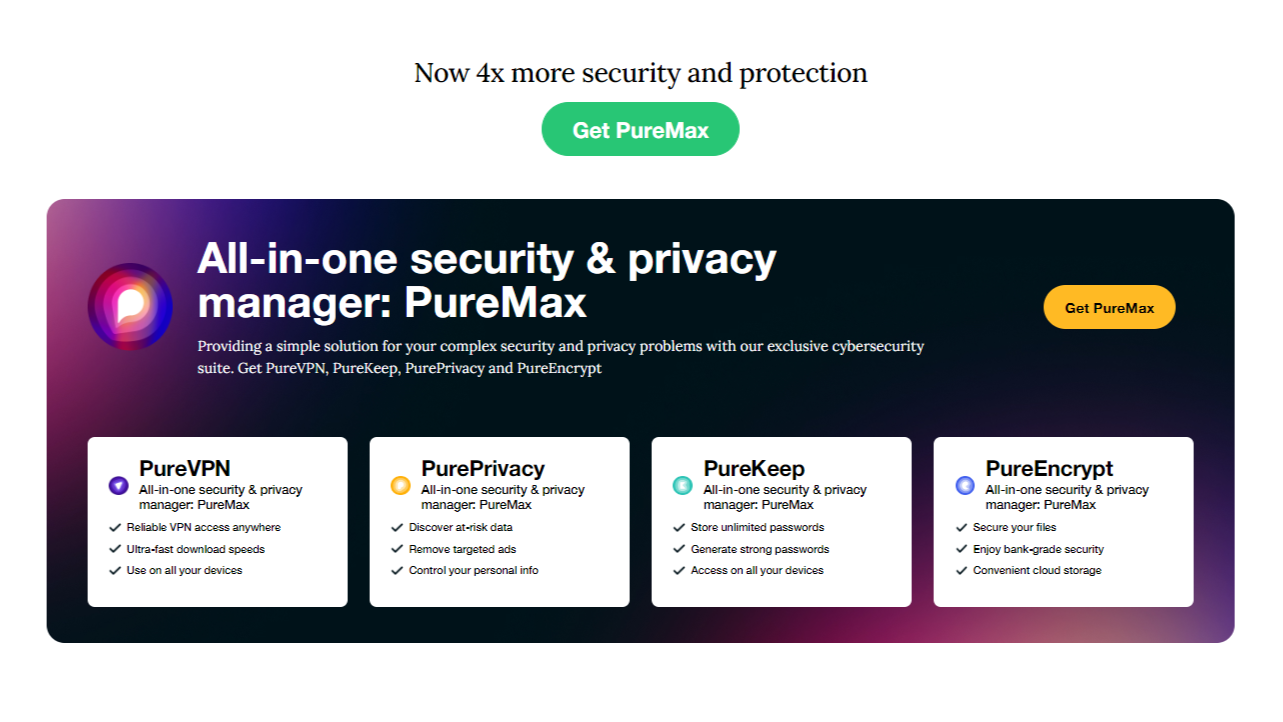 PureVPN's website page outlining its PureMax product