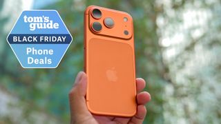 iPhone 17 Pro held in the hand showing back with Black Friday badge nearby.