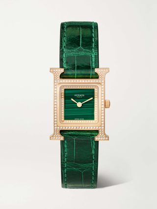 Heure H 25mm Small 18-Karat Rose Gold, Alligator, Malachite and Diamond Watch