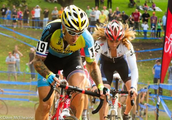 Adam Myerson (Team Smartstop/ Mountain Khakis) and Anthony Clark riding uphill barriers