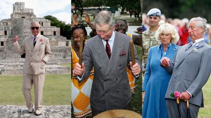 32 of King Charles most memorable moments - the-then Prince Charles stood outside Edzna, Him playing drums with Sierra Leone National Band Troupe, Prince Charles and Duchess Camilla at Sandringham Flower Show