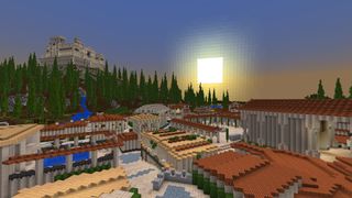 Promotional screenshot of the Mount Olympus add-on for Minecraft showcasing a Greek City with Mount Olympus looking over it.