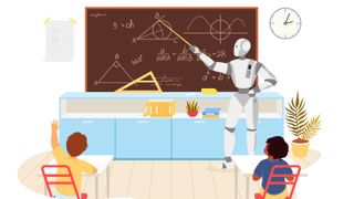 AI robot teaching schoolchildren at desks in classroom - stock illustration