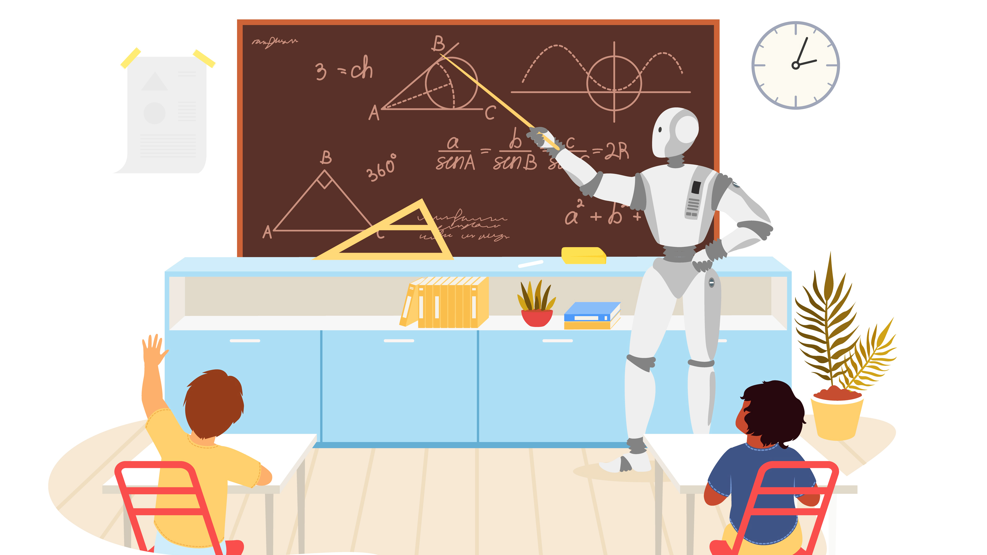 AI robot teaching schoolchildren at desks in classroom - stock illustration