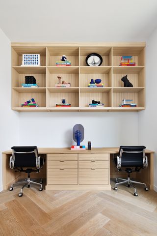 Home office with creative shelf styling