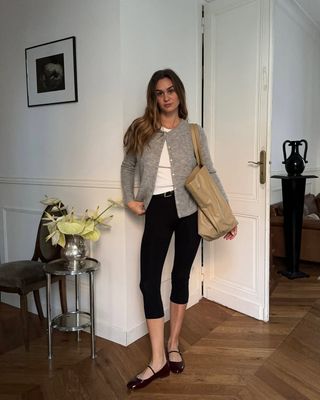 French fashion influencer wearing a spring cardigan