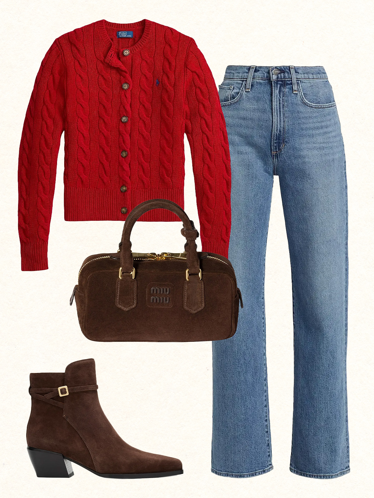 Red sweater and jeans outfit collage