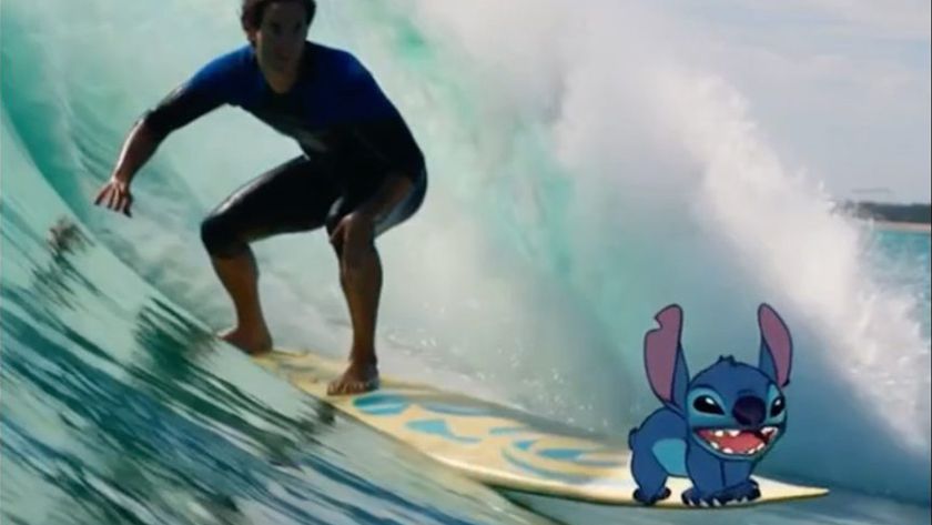 AI-generated image of a person surfing with Stitch from Disney IP Lilo and Stitch