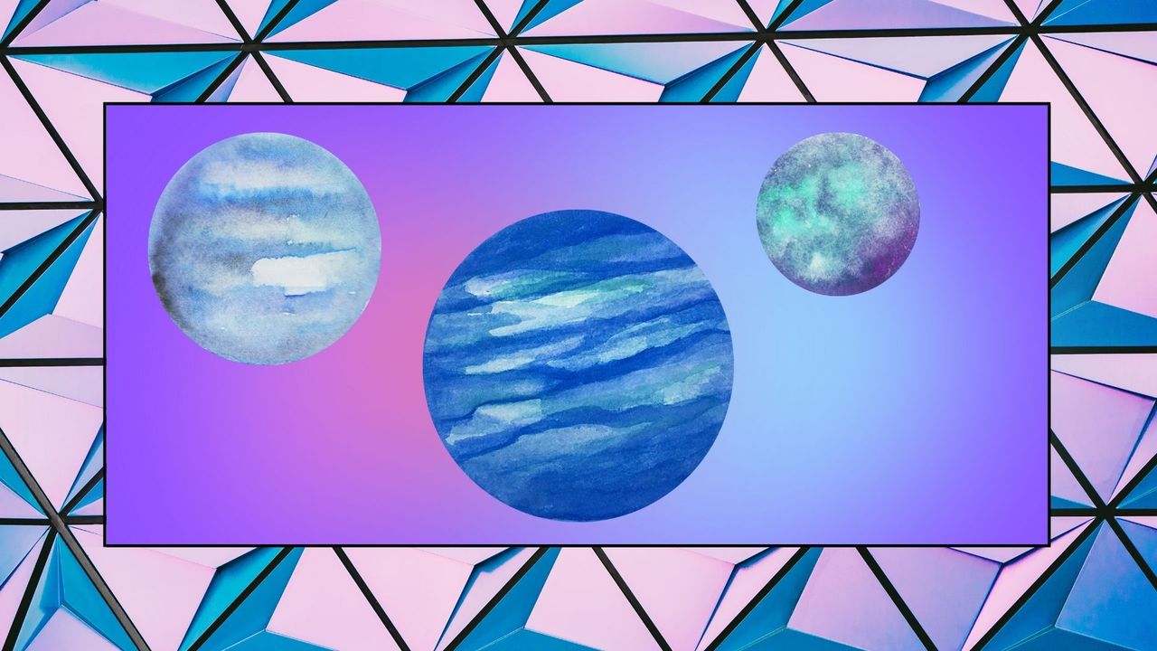 neptune retrograde 2022: blue planets on colorful pink and purple background