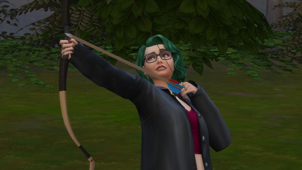 A sim using the archery skill added in The Sims 4: Adventure Awaits